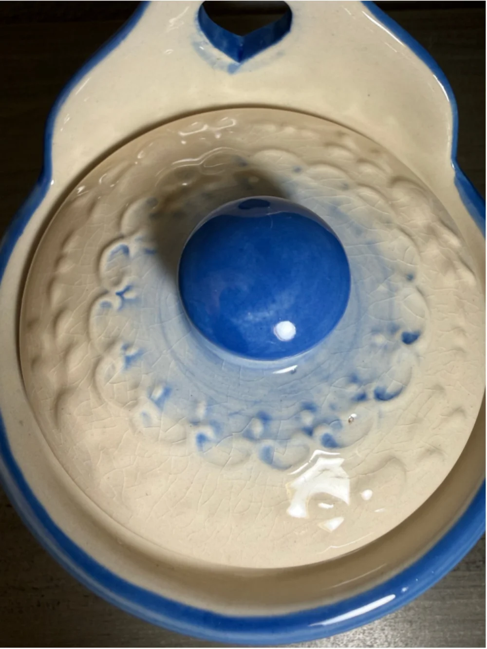 Vintage Blue & White Stoneware Hanging Salt Box Crock with Lid